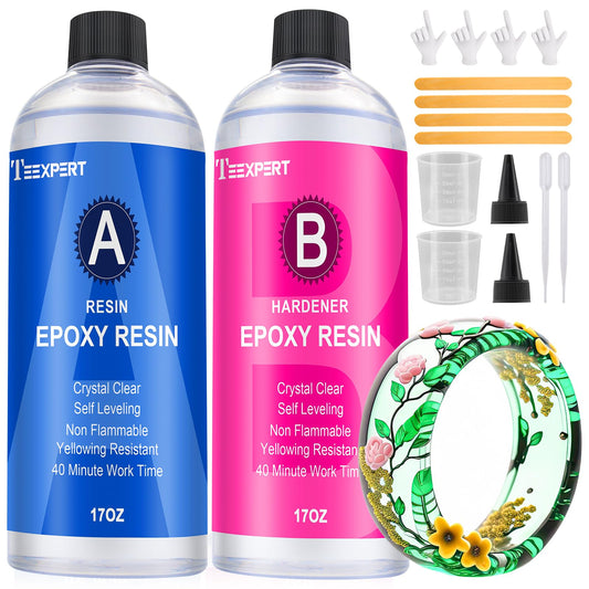 Crystal Clear Epoxy Resin: 34oz Kit, Yellowing Resistant, Fast Curing for Casting, Coating, Art, DIY, Craft, Jewelry, Wood, Table - 2 Part(17oz Resin and 17oz Hardener)