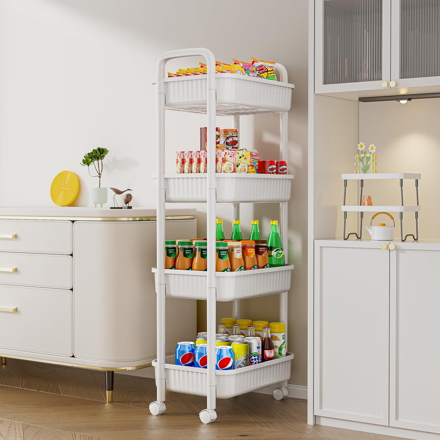 4 Tier Rolling Carts with Wheels, Utility Cart with Handle and Locking Caster, Storage Cart for Kitchen, Office, Bedroom, Suitable for Diaper, Art Tools, Snack, Craft Storage Cabinet, White