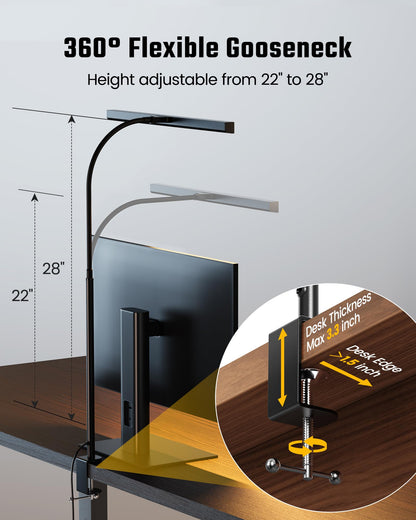 LED Desk Lamp for Office Home, Eye-Caring Desk Light with Adjustable Gooseneck, 12W Touch Control Dimmable Brightness, Architect Clamp Lamp with USB Adapter for Reading Study Workbench