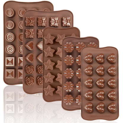 5PCS Silicone Chocolate Molds for Candy, Fat Bombs Snacks & Truffles, 9 Shapes 93 Cavities Candle Soap Wax Melts Mold (Square, Round, Heart, Star, Flower Shapes)