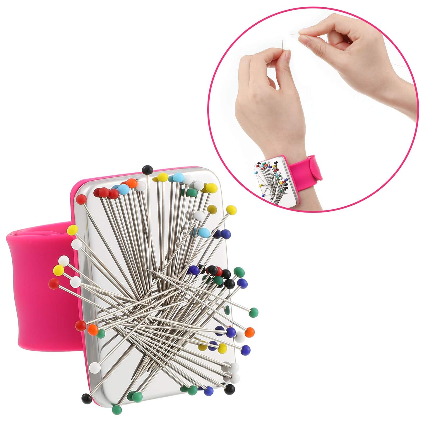 Magnetic Wrist Sewing Pincushion with 100 Pieces 1.5 Inch Ball Head Sewing Pins Set Wrist Magnetic Pin Holder Gift Supplies(Rose Red)