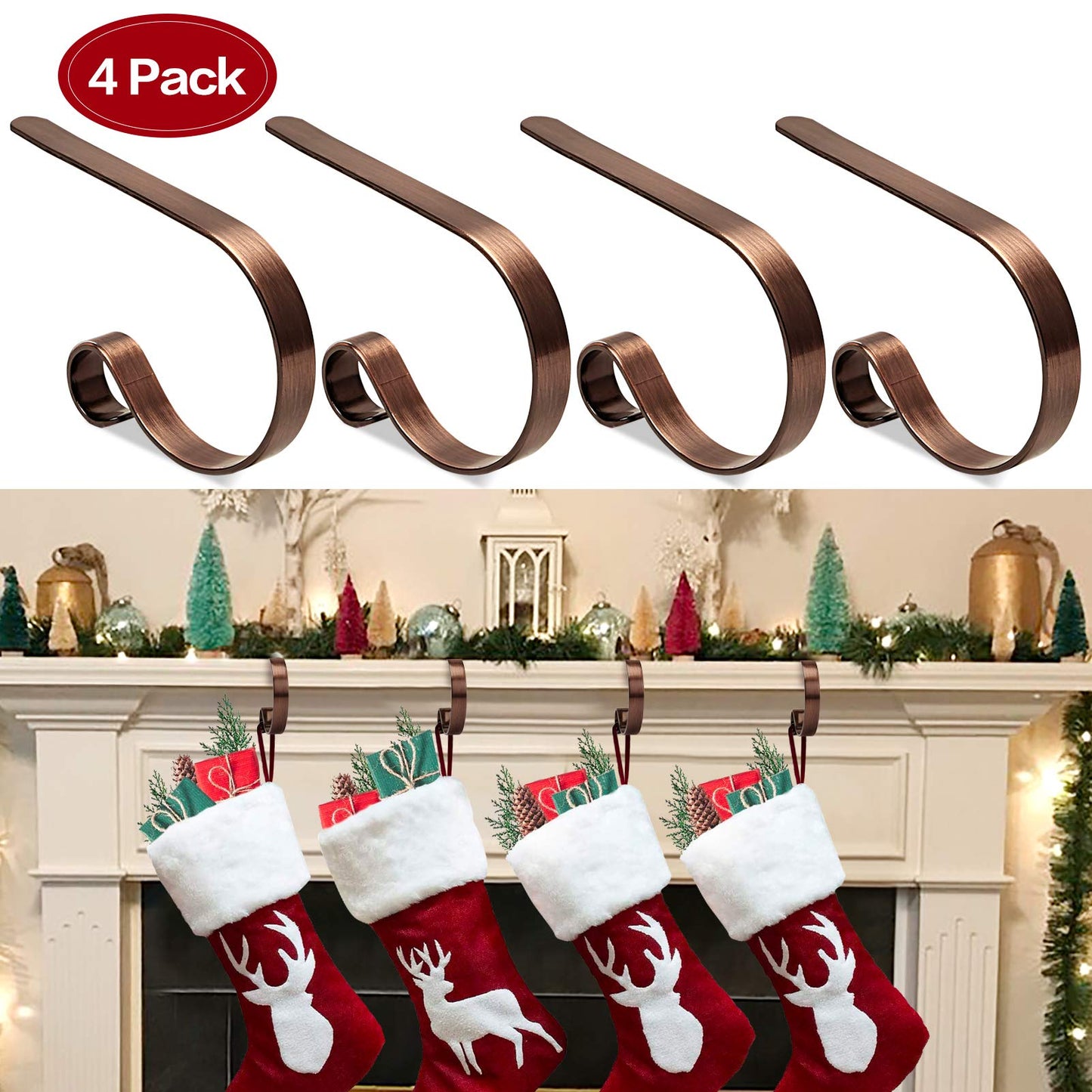 Christmas Stocking Holders for Mantle Set 4,Lightweight Stocking Holder No-Slip Stocking Hangers for Mantel Fireplace,Adjustable Mantel Stocking Hooks