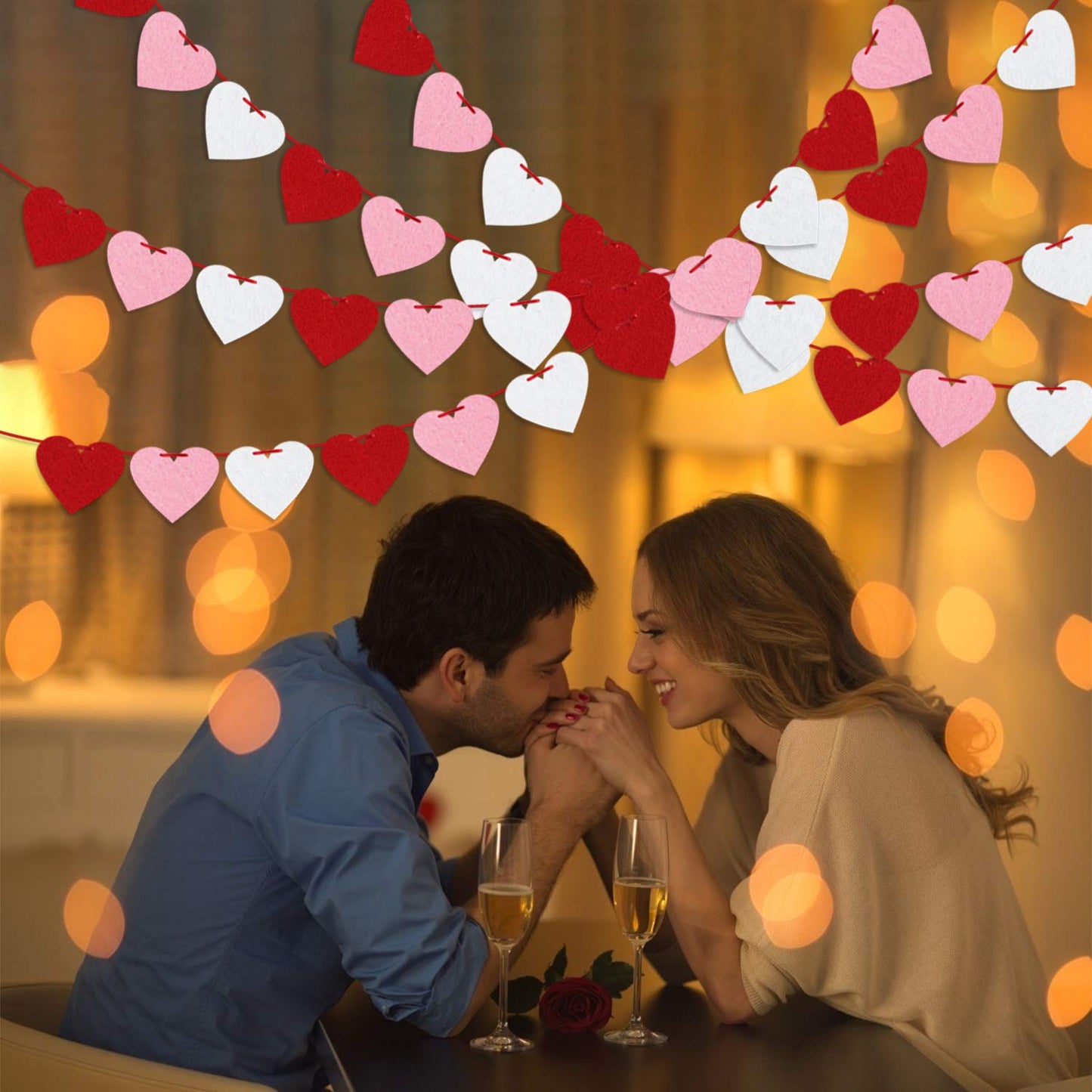 Felt Heart Garland Banner, Pre-Strung | Valentine Decorations | Red Pink White Banner | Anniversary Wedding Birthday Party Decor | Outdoor Home Hanging