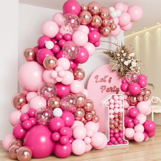 Pink Balloon Garland Arch Kit with Different Size Hot Pink White Metallic Rose Gold Confetti Balloons for Birthday Princess Theme Baby Shower Wedding Valentine's Party Decorations