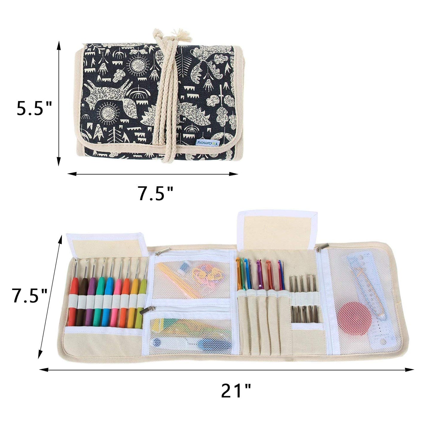 Crochet Hook Case, Roll Bag Holder Organizer for Various Crochet Needles and Knitting Accessories, Compact and All-in-Place, Animal World