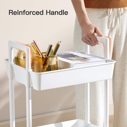 3 Tier Rolling Cart Organizer, Plastic Rolling Cart with Lockable Wheels & Reinforced Handle, Lightweight Utility Cart Storage Cart for Nursery, Kitchen, Bathroom, Craft Room, White, PIUC14W
