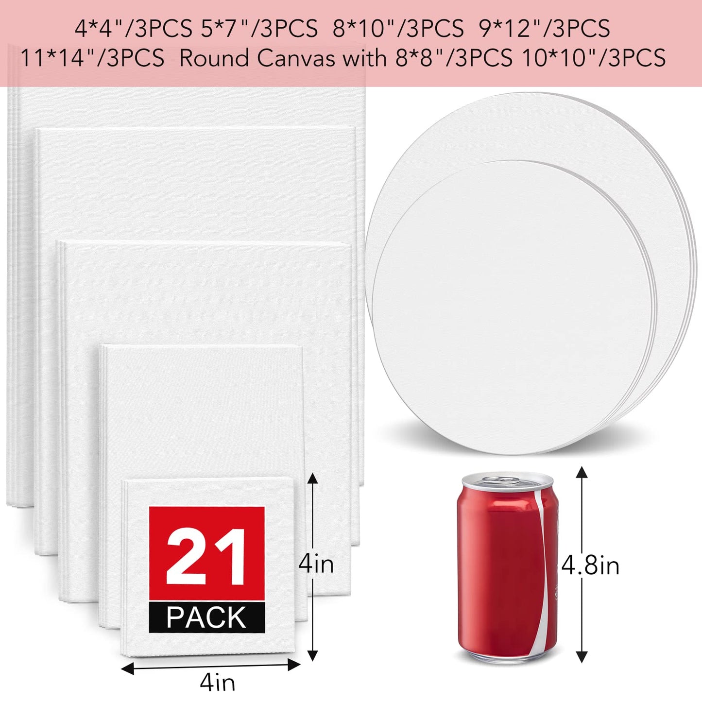 Canvas Boards for Painting-21 Pack Blank Canvas Boards-4x4, 5x7, 8x10, 9x12, 11x14, Round Canvas D8, D10, Cotton Primed Canvas Panels, Painting Canvas for Oil, Acrylic, Watercolor.