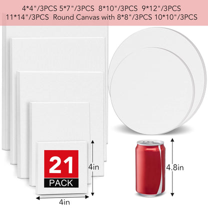 Canvas Boards for Painting-21 Pack Blank Canvas Boards-4x4, 5x7, 8x10, 9x12, 11x14, Round Canvas D8, D10, Cotton Primed Canvas Panels, Painting Canvas for Oil, Acrylic, Watercolor.