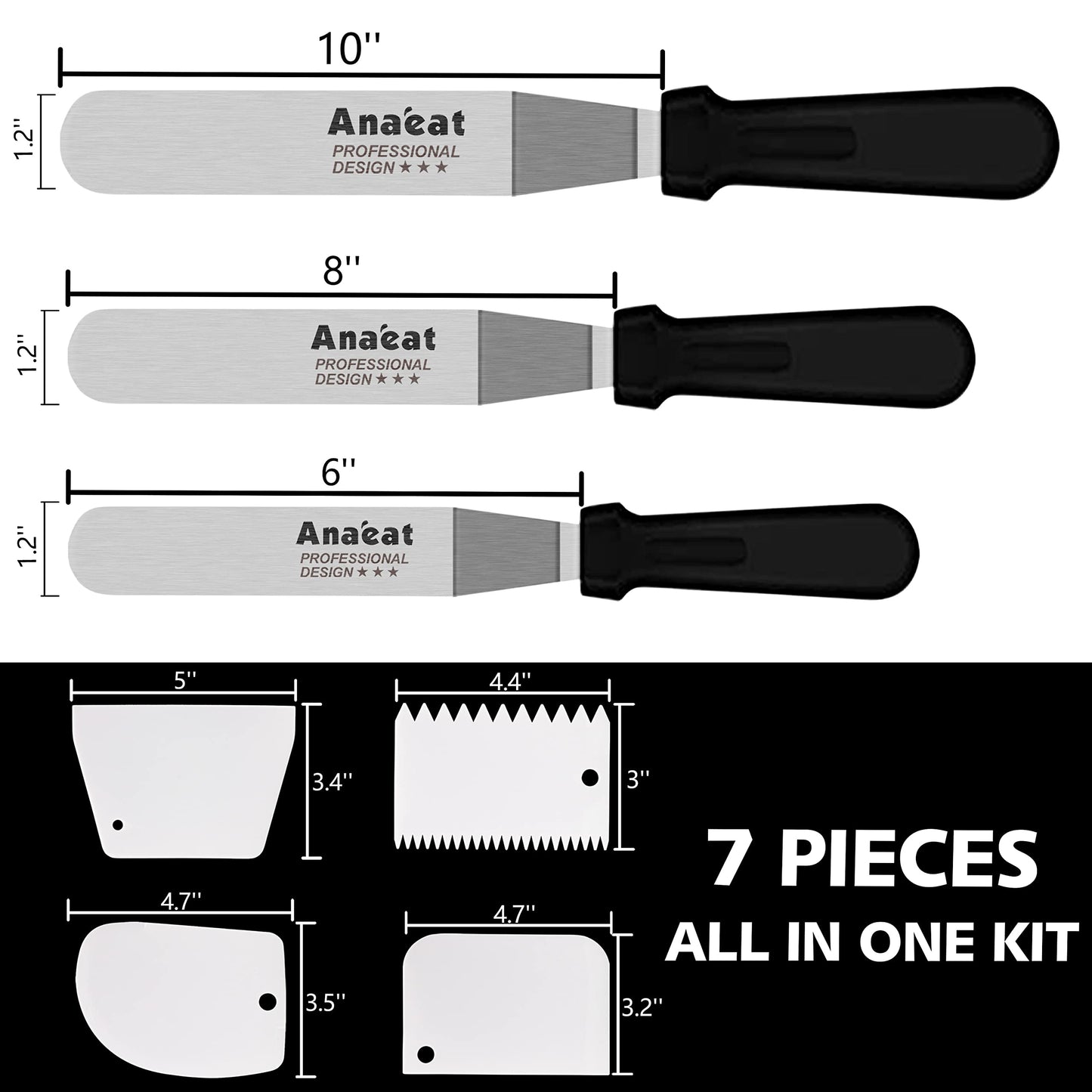 Icing Spatula, 3 Pieces Professional Angled Offset Frosting Spatulas with 6", 8", 10" Stainless Steel Blades & 4 Pack Cake Smoother Scraper for Cake Decorating, Baking & Pastry (Set of 7)
