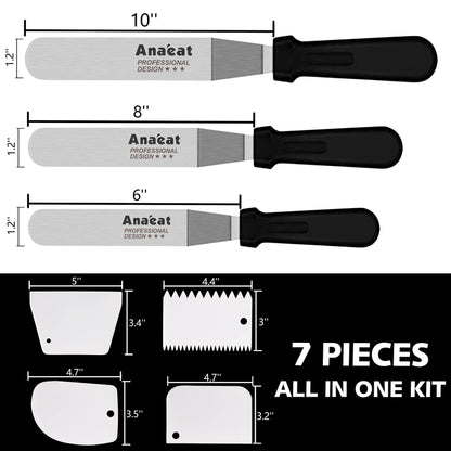Icing Spatula, 3 Pieces Professional Angled Offset Frosting Spatulas with 6", 8", 10" Stainless Steel Blades & 4 Pack Cake Smoother Scraper for Cake Decorating, Baking & Pastry (Set of 7)