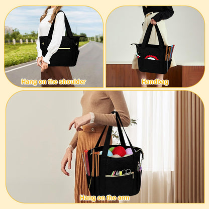 Crochet Bag Organizer for Yarn Storage, Velvet Knitting Tote Bag with Double Handle for Crochet Accessories, Portable Travel Case for Yarn Balls, Crochet Hooks& Knitting Needles Holder (Black)
