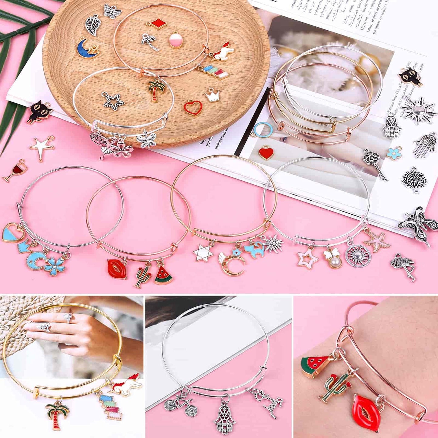 300Pcs Charm Bangle Bracelets Making Kit with Expandable Bangles, Charms, Jump Rings and Pliers for Jewelry Making Bangle Bracelets (with Gift Box and Tools)