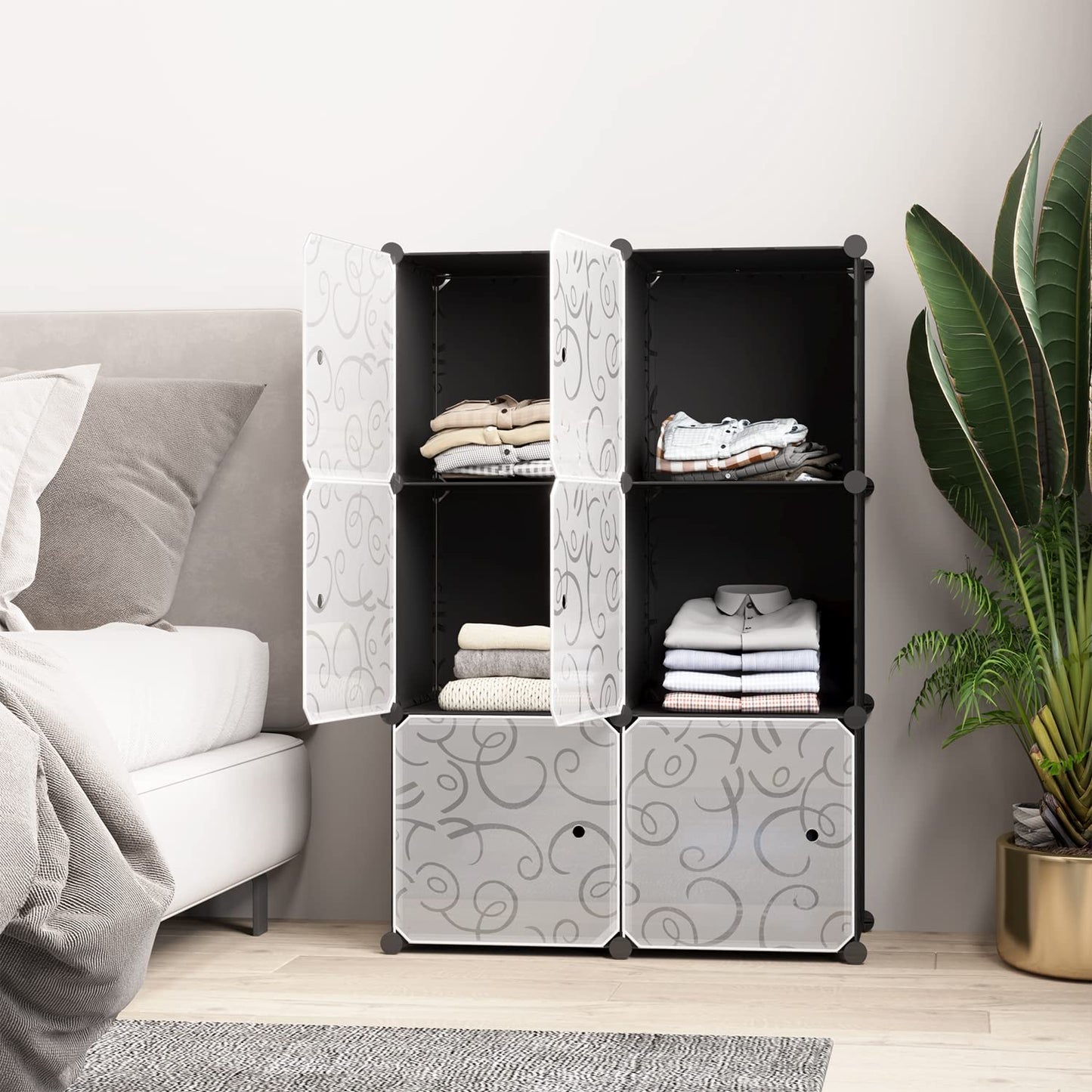 Cube Storage Organizer with Doors, Plastic 6-Cube Storage with Doors for Livingroom, Bedroom and Office (Black)