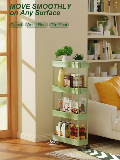 5.1" Slim Storage Cart - 4 Tiers Bathroom Organizer Mobile Shelving Unit Storage Rolling Utility Cart Slide Out Organizer for Kitchen Bathroom Laundry Narrow Places, Green