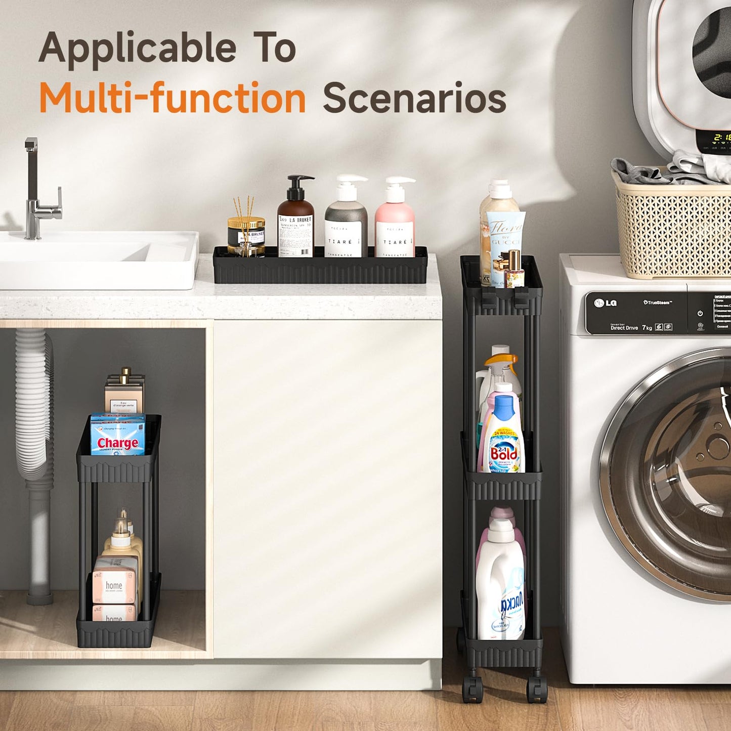 2-Pack Slim Storage Rolling Cart with Wheels, 3 Tier Utility Carts Bathroom Organizers and Storage, for Kitchen Narrow Place, Freely Combined into 3/4/5/6 Tier Shelves (Black, 3 Tier)