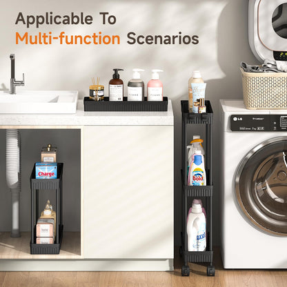 2-Pack Slim Storage Rolling Cart with Wheels, 3 Tier Utility Carts Bathroom Organizers and Storage, for Kitchen Narrow Place, Freely Combined into 3/4/5/6 Tier Shelves (Black, 3 Tier)