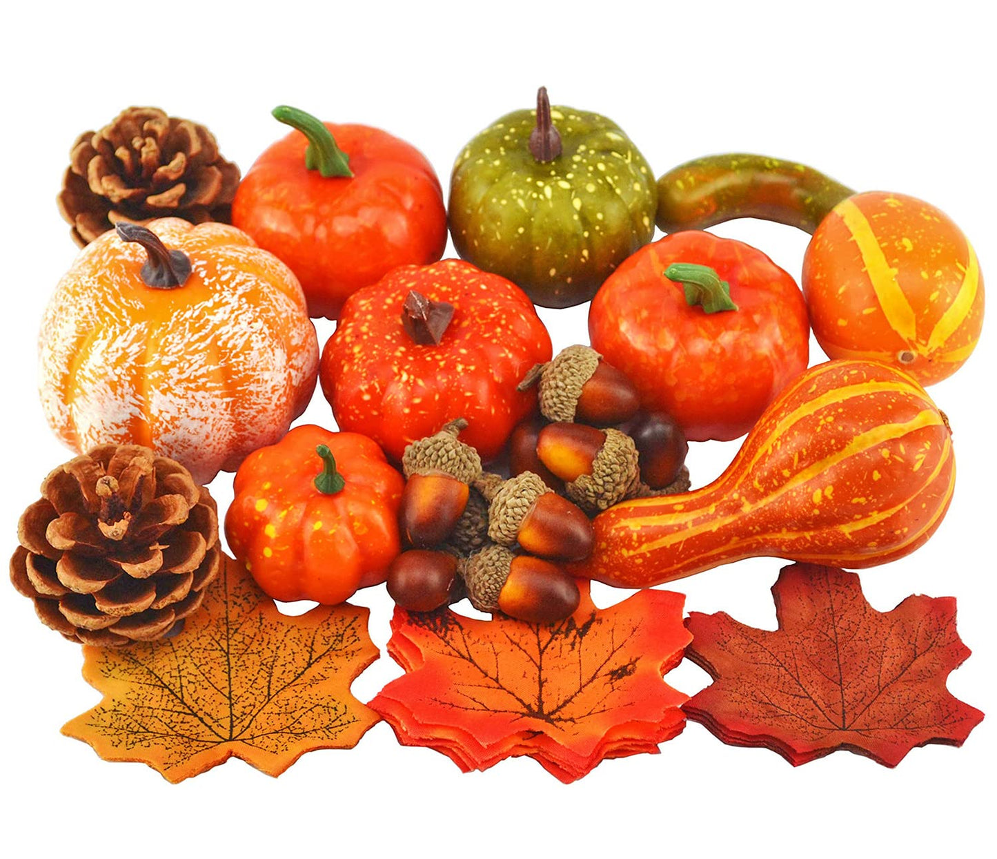 Mixture of Artificial Pumpkins, Lifelike Maple Leaves, Realistic Acorn with Natural Cap, Pine Cones for Festival Halloween Thanksgiving Fall Harvest Home Decoration(50pcs)