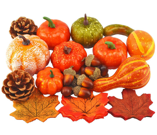 Mixture of Artificial Pumpkins, Lifelike Maple Leaves, Realistic Acorn with Natural Cap, Pine Cones for Festival Halloween Thanksgiving Fall Harvest Home Decoration(50pcs)