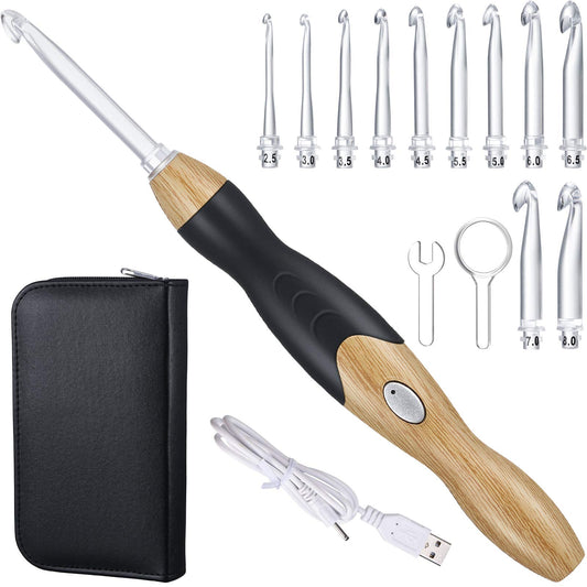 11 Sizes Lighted Crochet Hooks Set Rechargeable Crochet Hook Light Up Hooks with Case, Interchangeable Heads 2.5 mm to 8 mm for DIY Craft Supplies(Wood Color-Black)