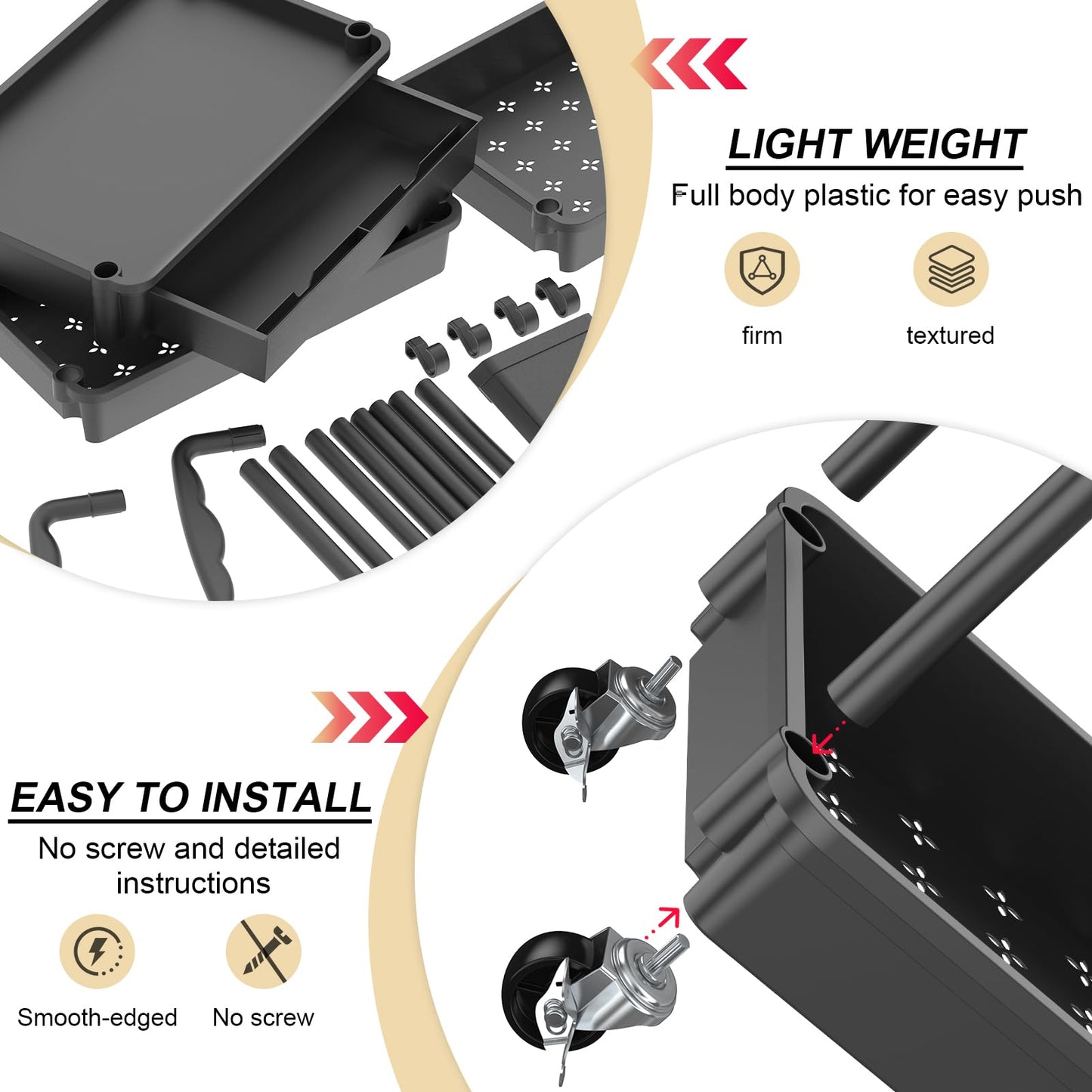 3 Tier Rolling Utility Cart Organizer with Removable Drawer, Stable and Sturdy Black Rolling Storage Carts with 2 Lockable Wheels for Bathroom, Kitchen, Snack, Craft, Makeup, Baby Essentials