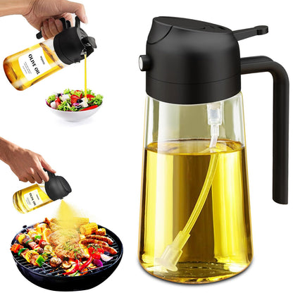 2 in 1 Glass Oil Sprayer & Dispenser,16oz/470ml Olive Cooking, Air Fryer, and Salad, for Kitchen Gadgets and Air Fryer Accessories, w/Stickers (Black)