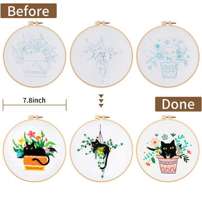 3 Sets Cute Cat Embroidery Kit for Adults Beginners, Stamped Cross Stitch Starter Kits Include Needlepoint Cloth Hoops Needles Threads and Instruction