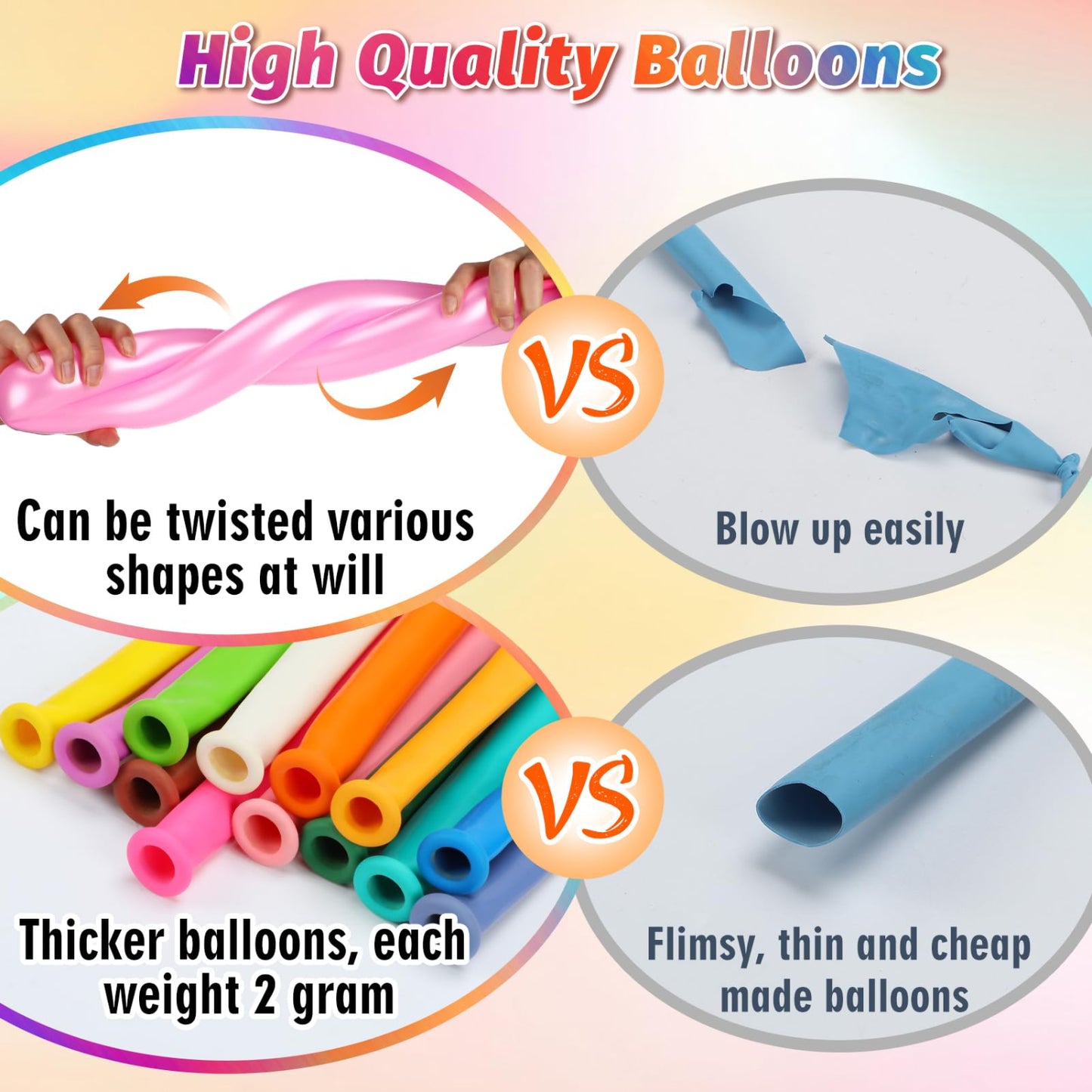 100 Pcs 260Q Balloons Kit with Pump - Kids Premium Latex Twisting Long Balloons to Make Animals Flowers, Fun Rainbow Balloons for Party Boys Girls Christmas Birthday Gifts Clowns Wedding Decor