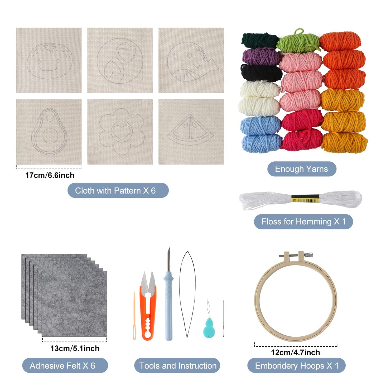 Punch Needle Coaster Kit 21 Pcs Easy Punch Needle Coasters Kits for Adults Beginners 6 Pattern Tufted Rug Pads with Adhesive Felt Yarns Embroidery Hoop Instruction DIY Needle Punch Craft