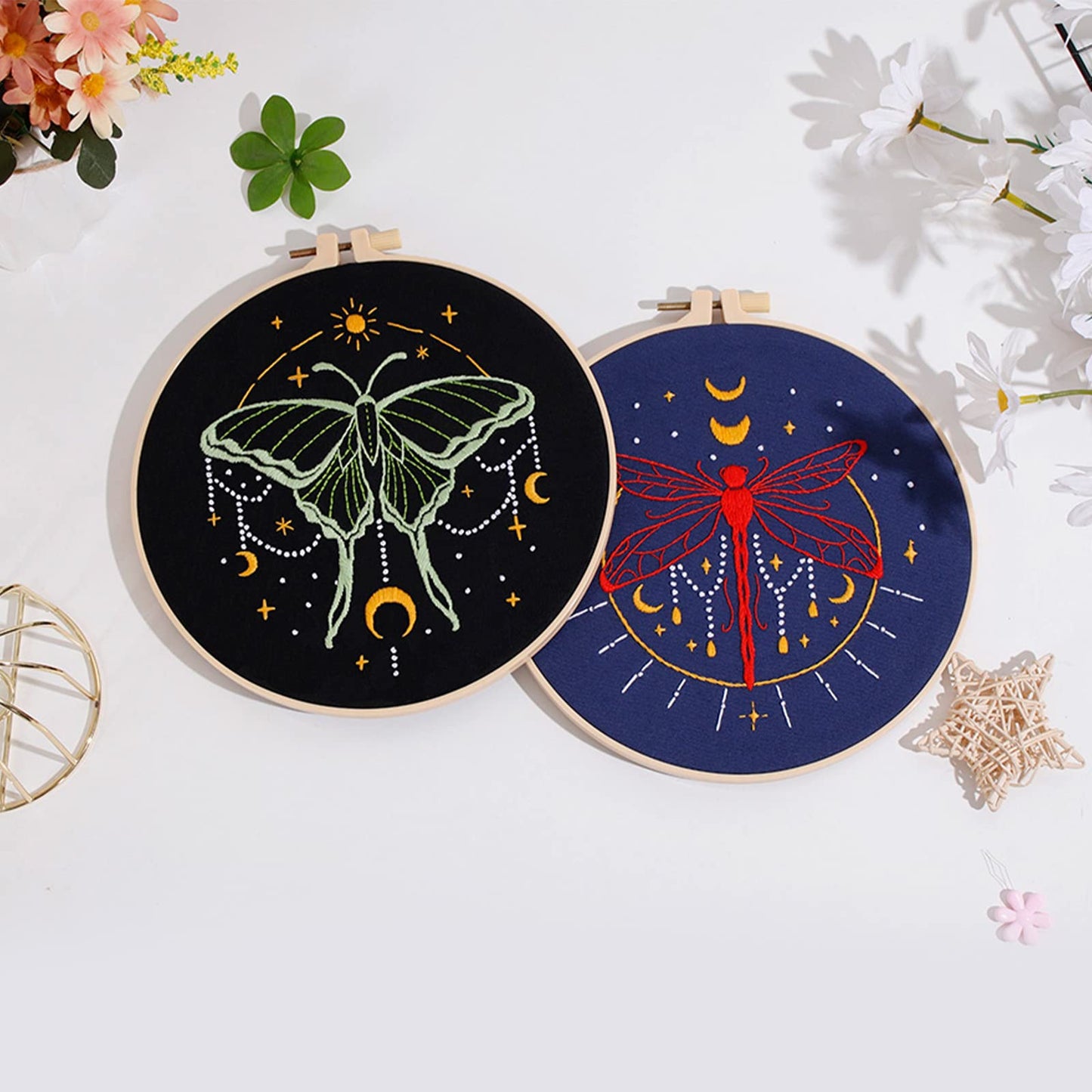 3 Set Tarot Embroidery Kits for Beginners with Moon Butterfly Dragonfly and Moth Pattern,Adults Starter Cross Stitch Kit DIY Needlepoint
