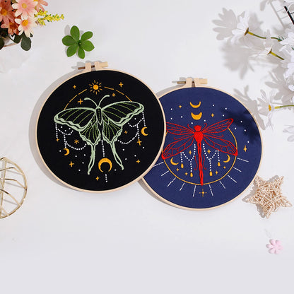 3 Set Tarot Embroidery Kits for Beginners with Moon Butterfly Dragonfly and Moth Pattern,Adults Starter Cross Stitch Kit DIY Needlepoint