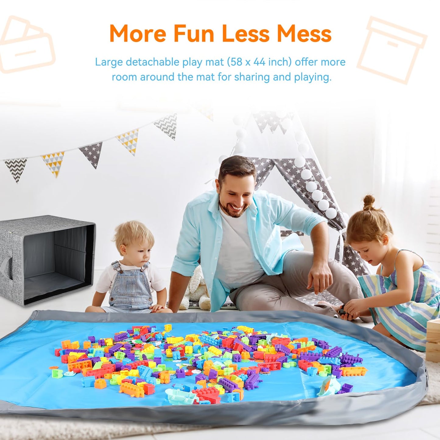 Toy Storage Organizer and Play Mat- 2-in-1 Toy Storage Chest Bin for Kids, Stackable and Foldable Cube Toy Basket Box for Boys & Girls, Large Building Blocks Storage Holder for Playroom,Grey