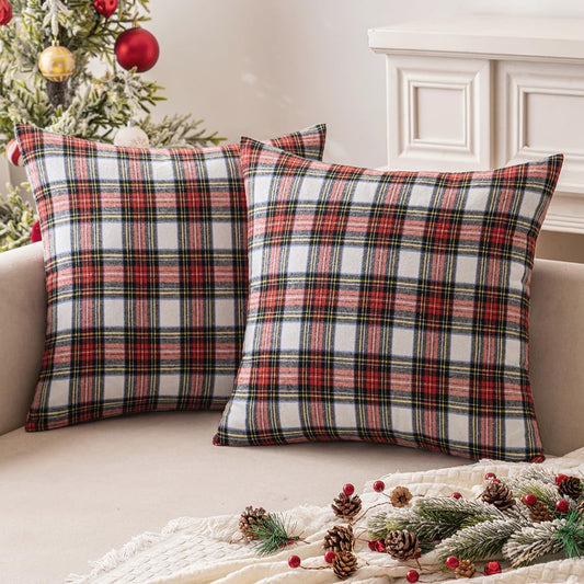 Christmas Set of 2 Scottish Tartan Plaid Throw Pillow Covers Farmhouse Classic Decorative Square Cushion Cases for Home Decor Sofa Couch 18x18 Inch, Red and White