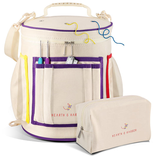 Crochet Bag Organizer – Durable Knitting Bag, Yarn Organizer for Crochet Accessories and Supplies, Canvas Yarn Bag, Crochet Organizer with Accessories Case, Yarn Storage Organizer