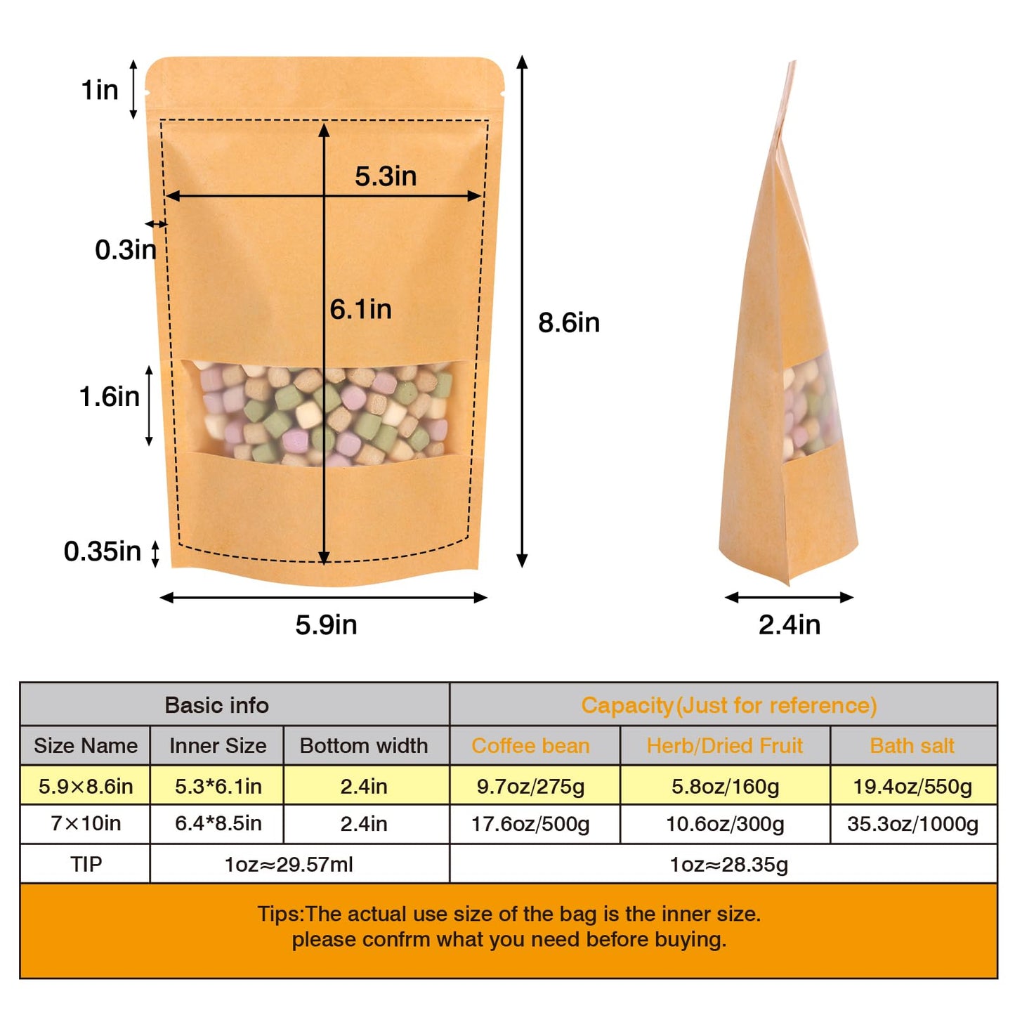 72pcs Kraft Paper Resealable Bags for Small Business, 5.9x8.6 Inches Stand Up Pouches, Food Packaging Bags with Window, Ziplock Coffee Pouches for Small Business