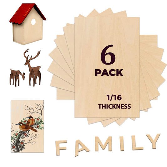 Sheets 12"x8"x1/16 (6 Pack)- Thin Balsa Wood Sheets for Craft, Laser, Wood Burning, DIY Projects- Unfinished Plywood Sheets with Smooth Surfaces Can Be Cut and Painted to Any Shape