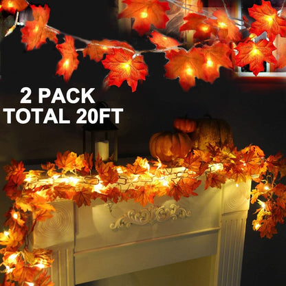 2 Pack Fall Decor Enlarged Maples Leafed Fall Decorations for Home Fall Lights Thick Leafs Garlands, Total 20Ft 40LED Battery Operated Waterproof Thanksgiving Halloween Decor Indoor Outdoor