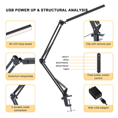LED Desk Lamp for Home Office, Clamp-On with 5 Light Modes & Auto Shut Off | 14W Adjustable Brightness 5000K Eye-Caring Lighting for Study/Bedroom/Computer Desk