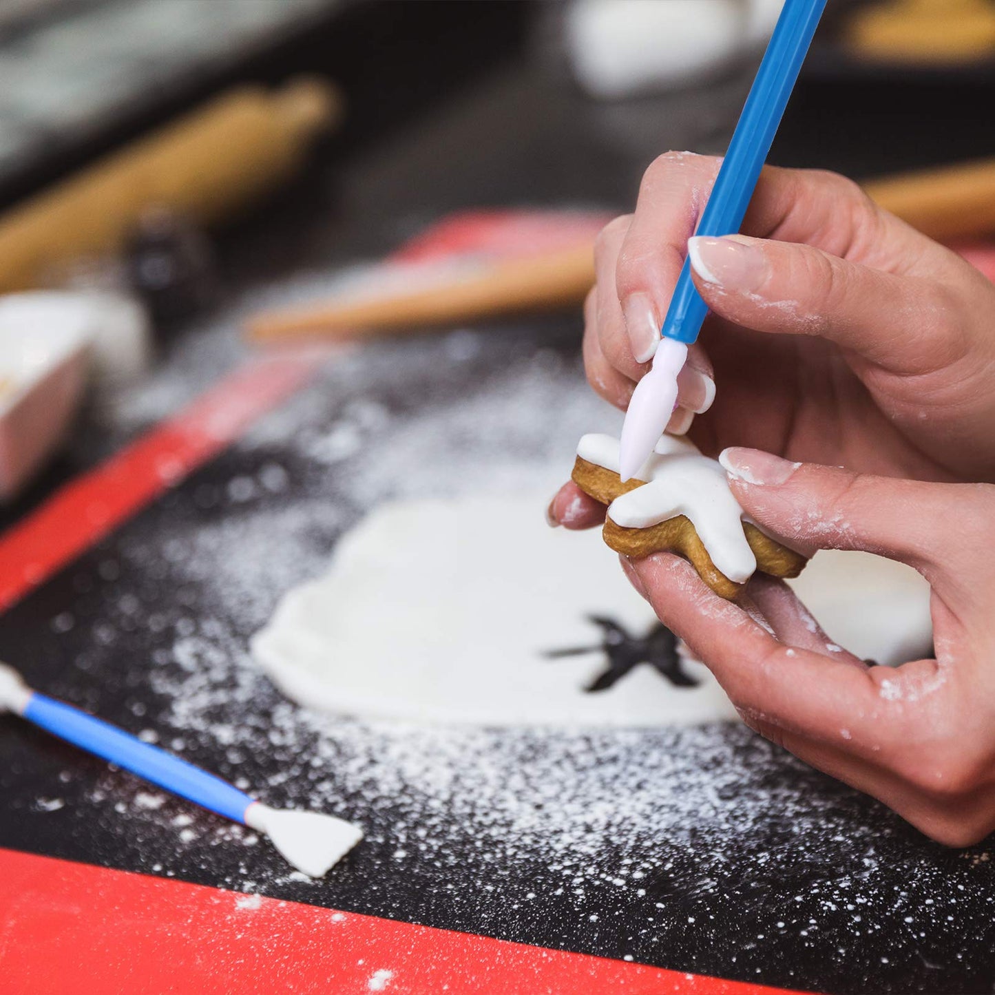 24 Pieces Cookie Decorating Fondant Cake Decorating Tool Set Include Brushes Sugar Stir Needle Fondant Modeling Tool Elbow and Straight Tweezer(Blue)