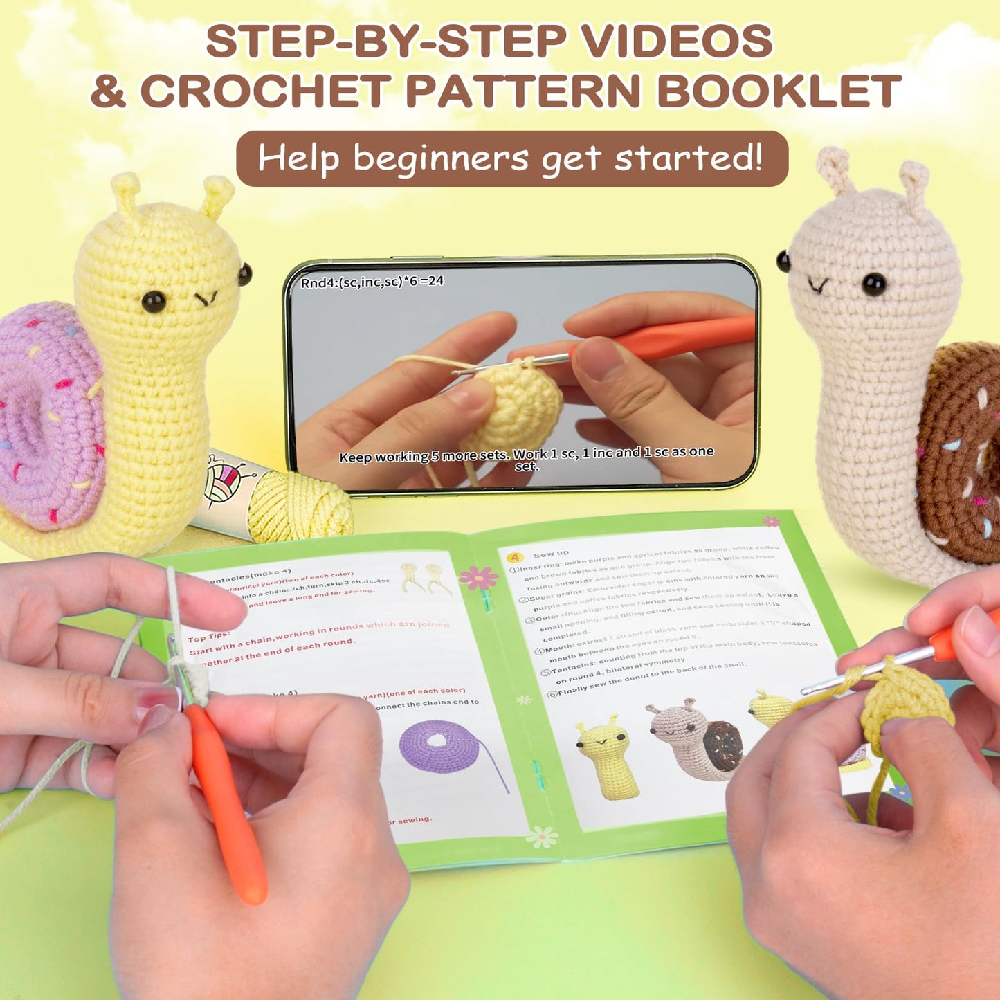 Crochet Kit for Beginner, Crochet Starter Kit w Step-by-Step Video Tutorials, Learn to Crochet Kits for Adults & Kids, DIY Knitting Supplies, 2-Pack Snail Couple (40%+ Yarn Content)