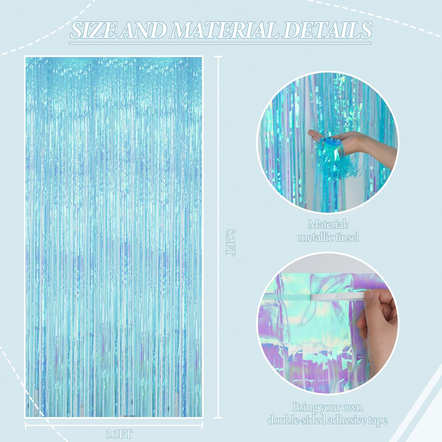 3 Pack Foil Fringe Backdrop - Transparent Blue Shiny Tinsel Curtains for Party Decoration/Photo Booth Props - 3.3x8.2FT Metallic Foil Backdrop for Birthday, Wedding, Graduation, Christmas