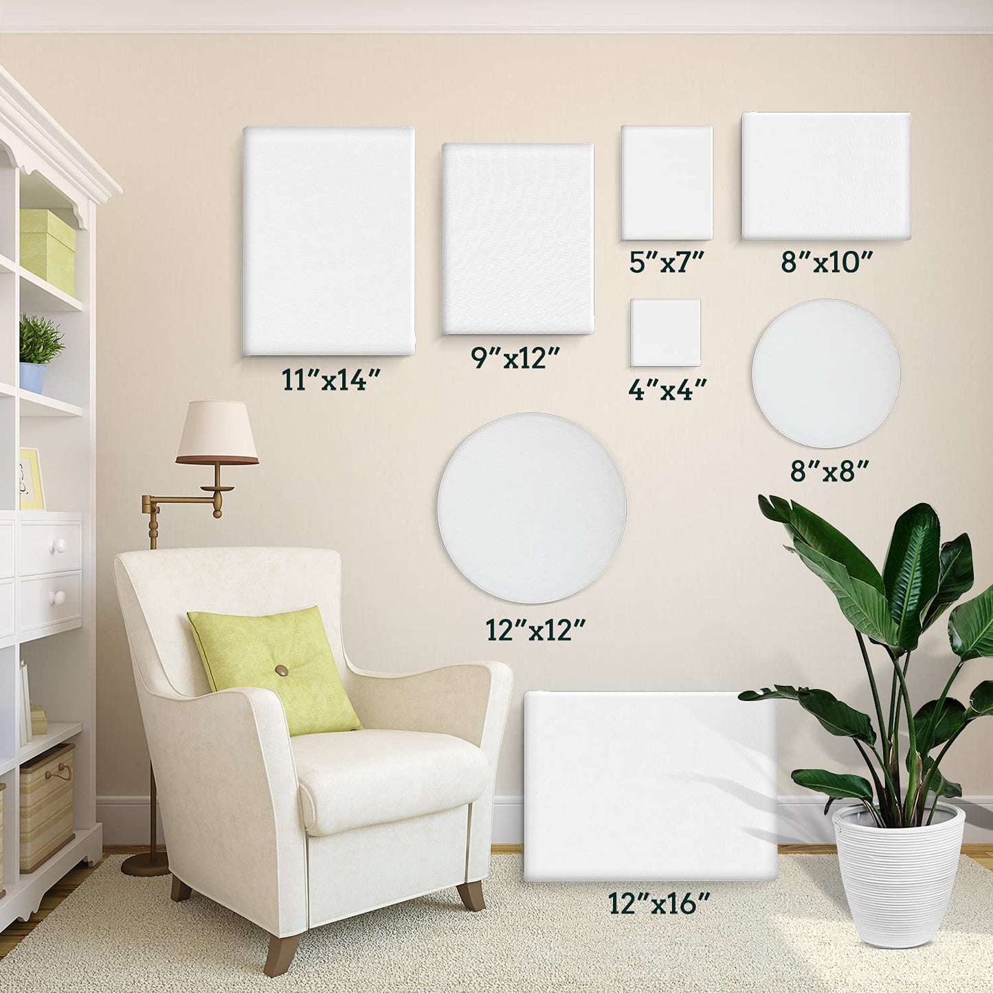 24 Pack Canvases for Painting with 4"x4", 5"x7", 8"x10", 9"x12", 11"x14", 12"x16", Round Canvas with 12"x12", 8"x8", 3 of Each, Painting Canvas for Oil & Acrylic Paint.