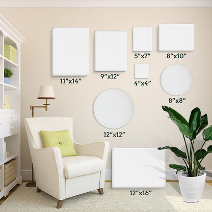 24 Pack Canvases for Painting with 4"x4", 5"x7", 8"x10", 9"x12", 11"x14", 12"x16", Round Canvas with 12"x12", 8"x8", 3 of Each, Painting Canvas for Oil & Acrylic Paint.