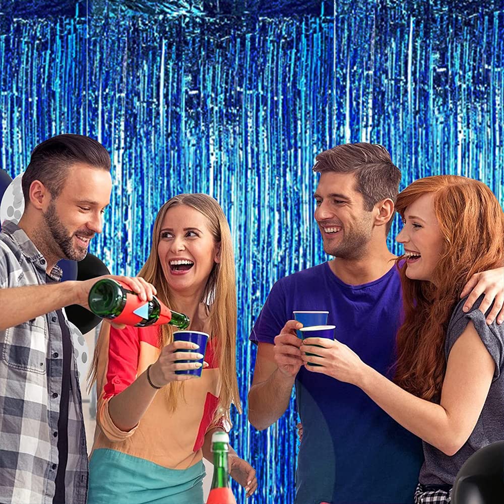 2 Pcs Blue Door Streamers Tinsel Curtain Party Backdrop Fringe Foil Wall Background for Birthday Halloween Christmas Wedding Boys Baby shower Party Decoration(3.28 ft x 6.56 ft)