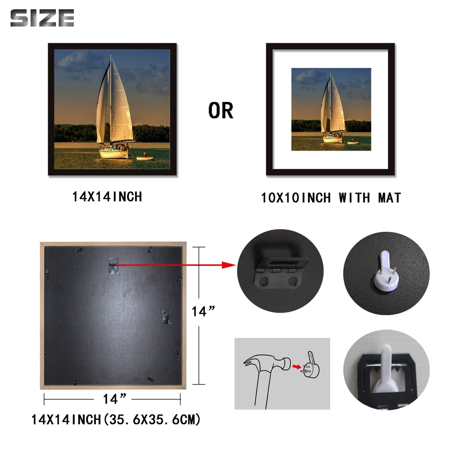 14x14 Frame Black With Mat 10x10 Solid Wood Picture Frames Wall Mounting (1 pack, 14x14 Inch)…