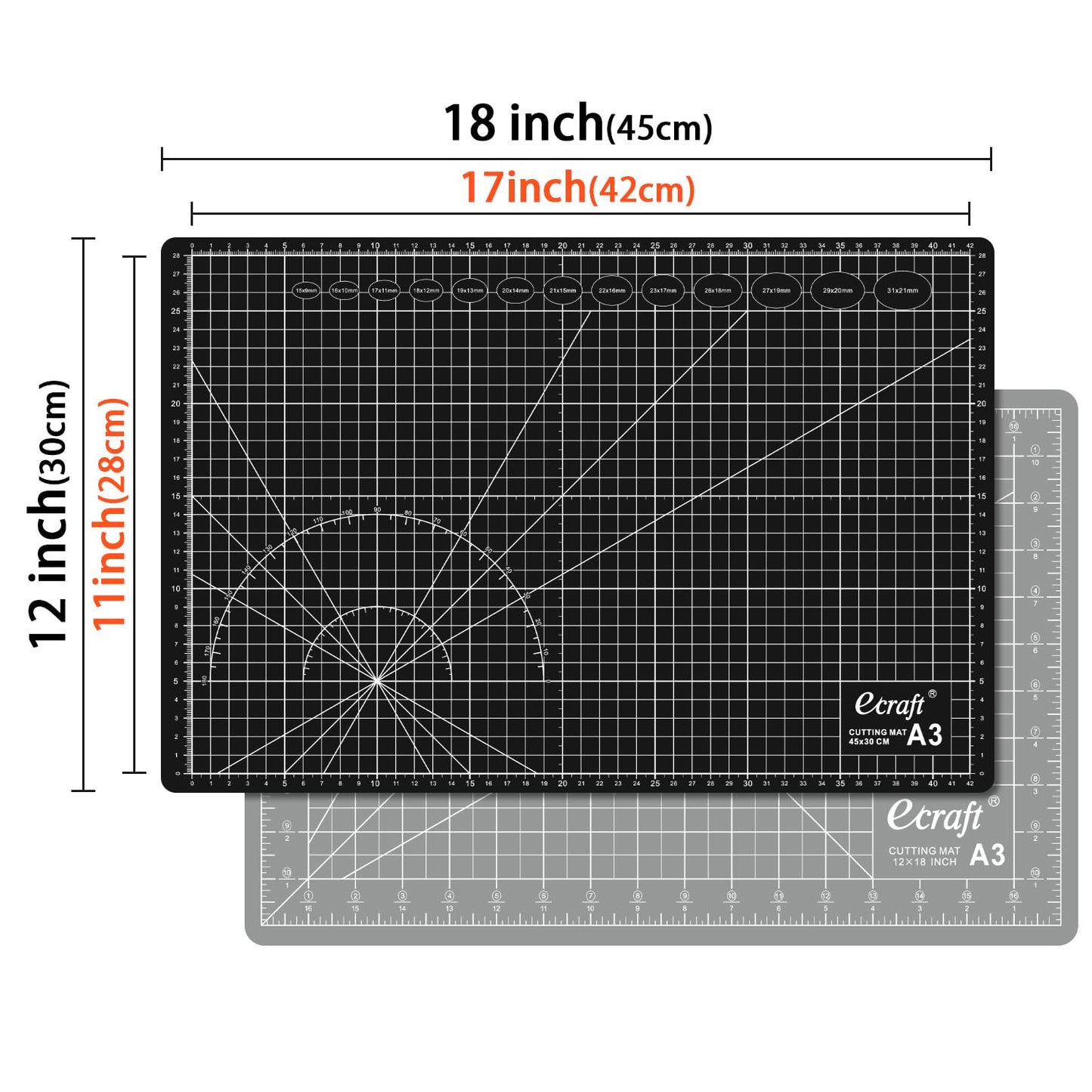 Self Healing Cutting Mat:18"x12" Double Sided 5-Ply Hobby Mat, A3 Rotary Cutting Sewing Mat for Crafts, Fabric,Sewing,Quilting,Scrapbooking,Projects,Grey/Black