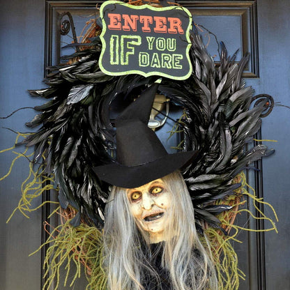 Black Feather Wreath - 14.9'' Natural Cocktail Feather Wreath, Halloween Photo Props, Front Door Decor Witch Spooky Scene Party Decorations