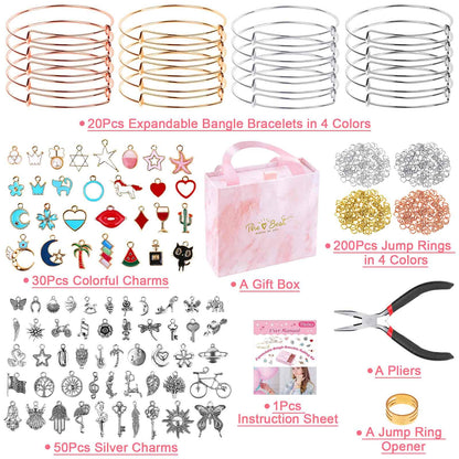 300Pcs Charm Bangle Bracelets Making Kit with Expandable Bangles, Charms, Jump Rings and Pliers for Jewelry Making Bangle Bracelets (with Gift Box and Tools)