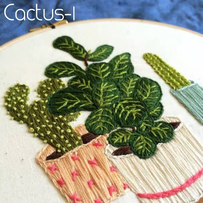 Embroidery Starter Kits for Adults Beginners with Stamped Pattern, Embroidery Floss + Needles + Hoop, Cactus Series, 3 Pack