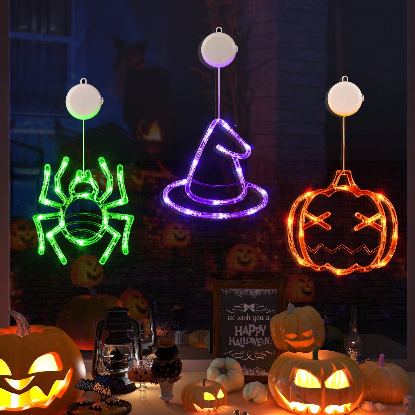 Halloween Decorations 3 Pack - Orange Pumpkin, Green Spider, Purple Witch Hat Window Lights With Suction Cup - Battery Operated, Upgrade Slow Fade Mode, Timer Function
