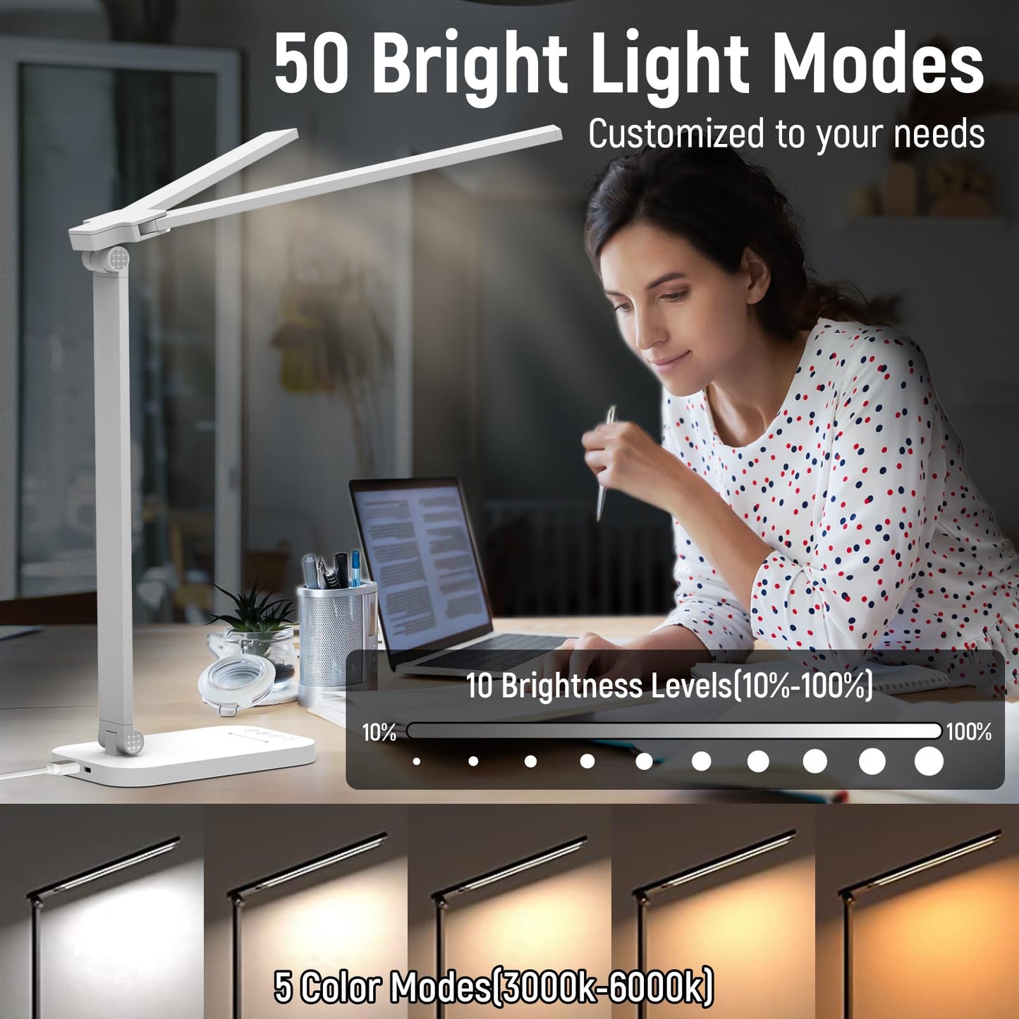Bright LED Architect Task Lamp for Home Office - Dual Swing Arm, Adjustable Foldable Table Lamp with Dimmable Touch Control and 5 Lighting Modes for Work/Study